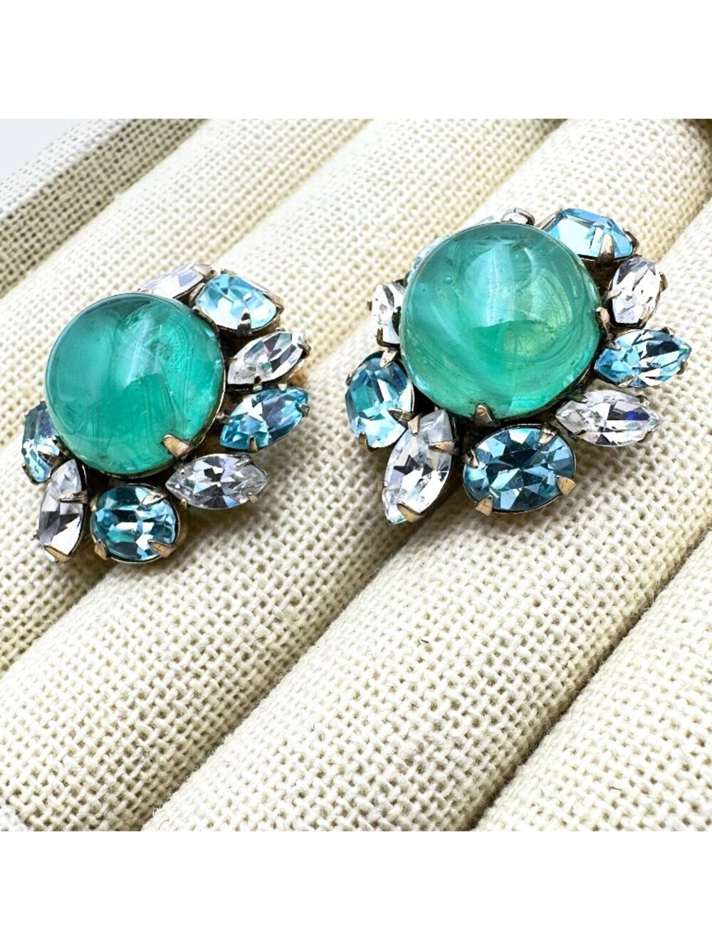 Vintage Signed Schreiner New York Clip Earrings Green Blue Glass Rhinestone